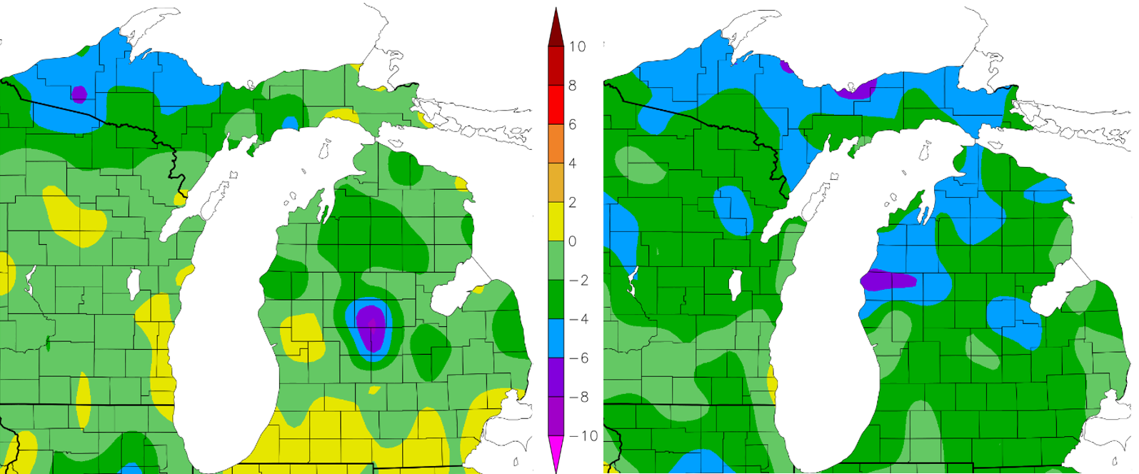 Two maps of Michigan showing differences in temperatures.